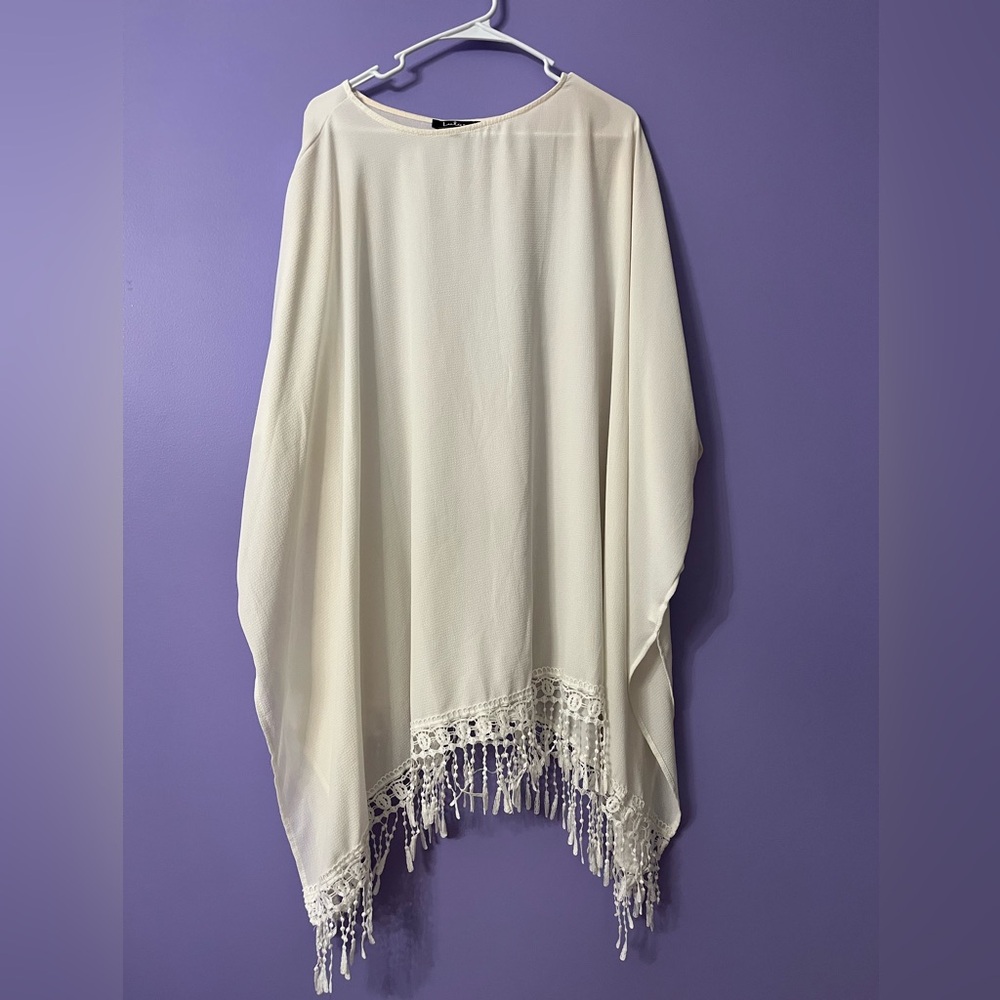 Lulu's White Poncho with Lace Fringe